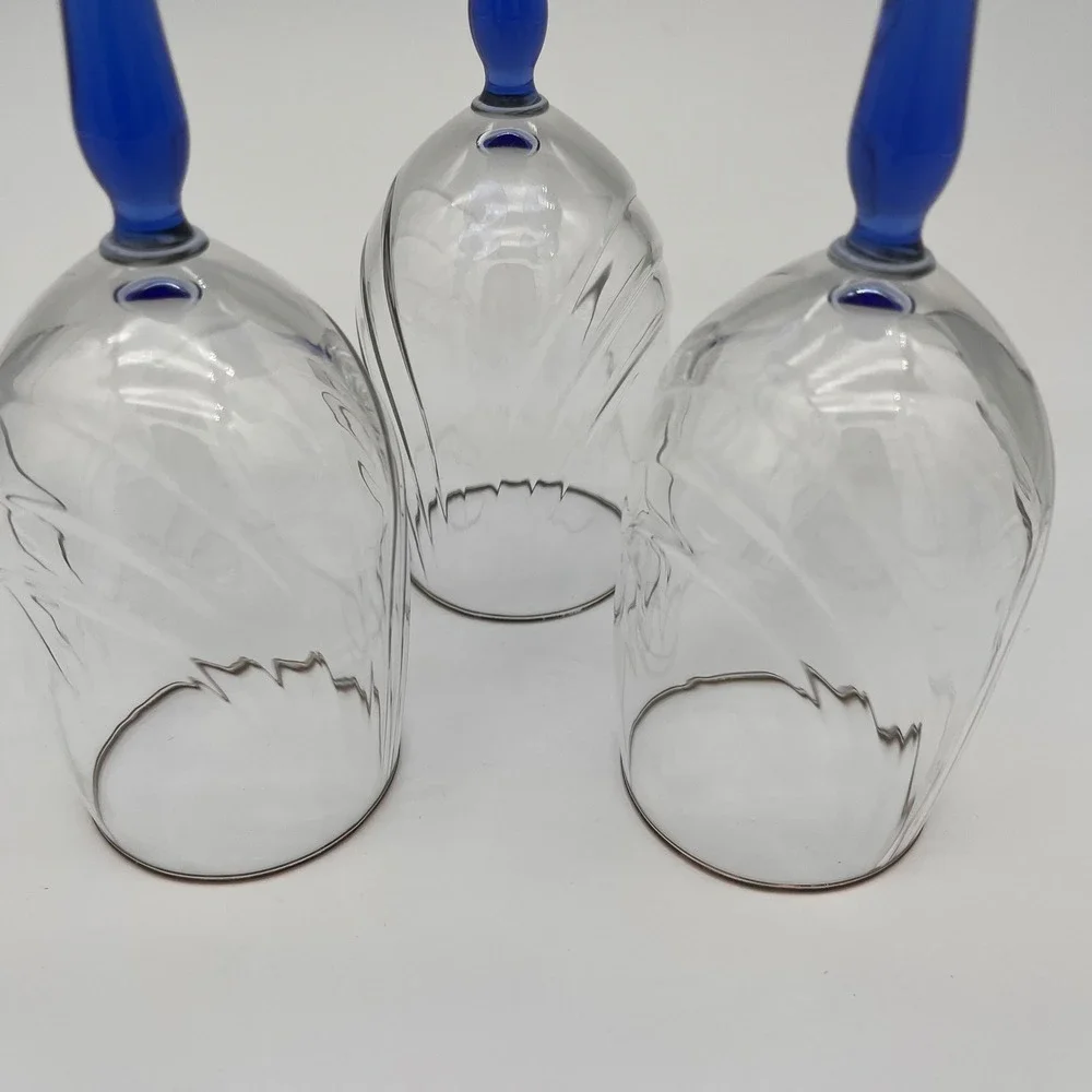3 Vintage Wine Glasses Cobalt Blue Stem Gold Rim Optic Swirl Clear Bowl Set